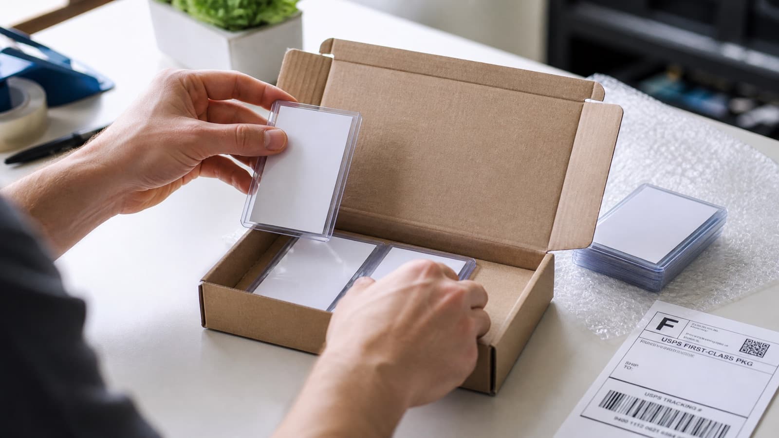 Protected trading cards being prepared for shipping