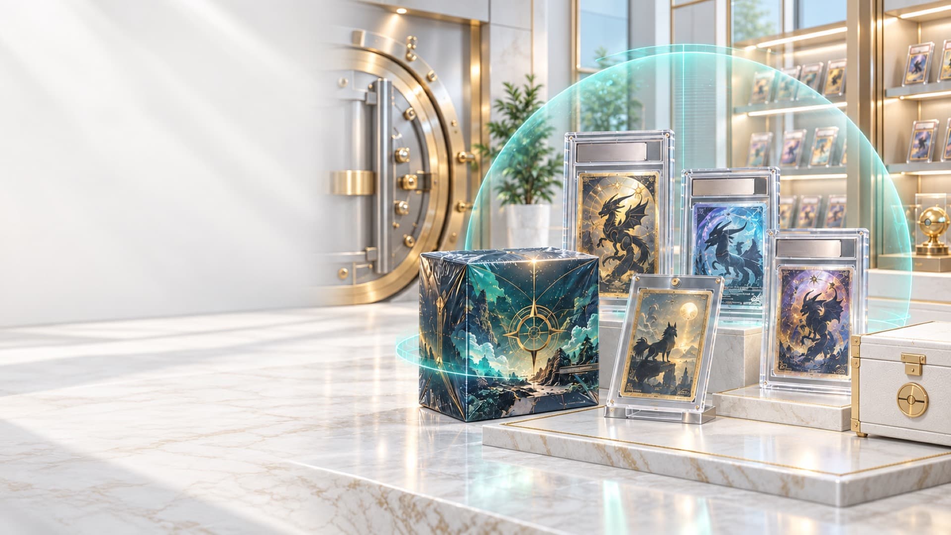 Protected collectibles displayed beside a secure vault