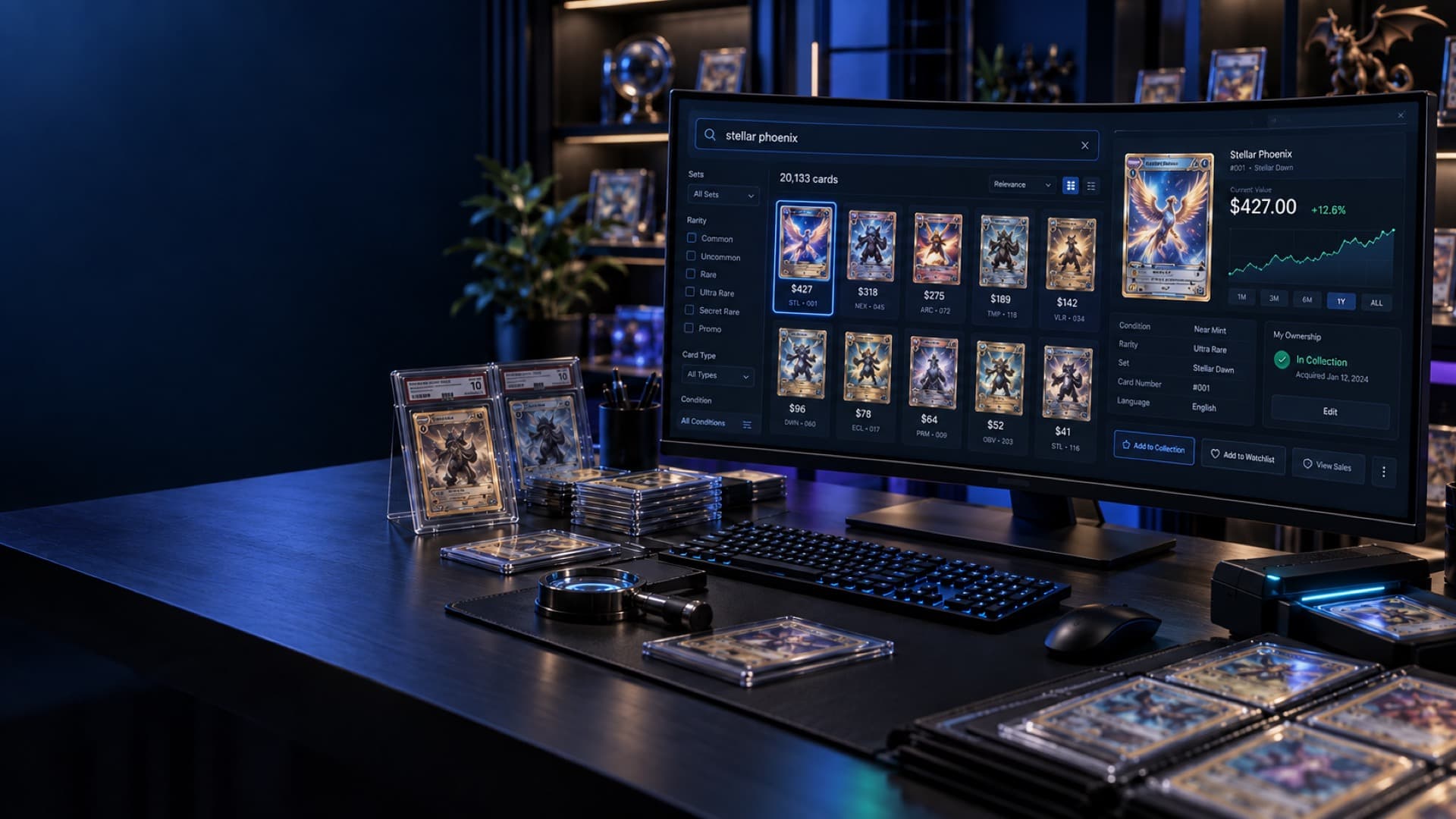 Trading cards beside a collection research dashboard