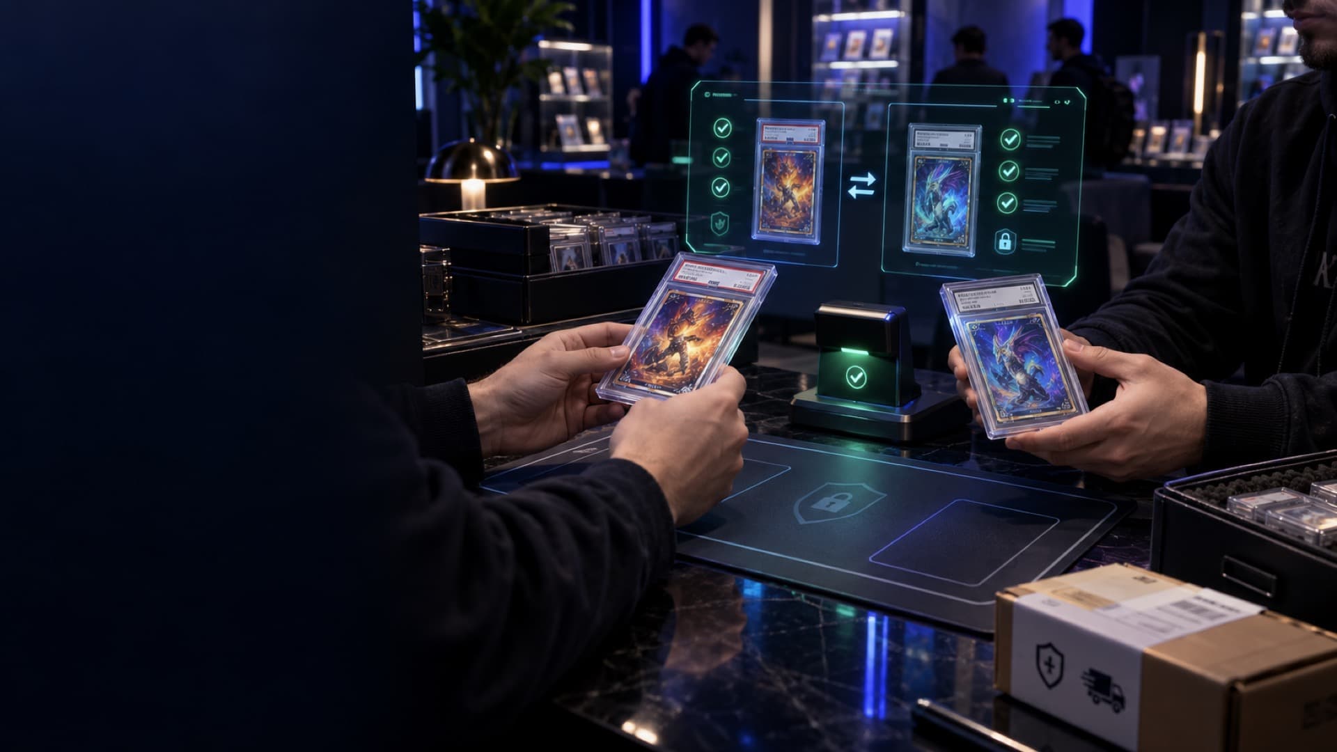 Two collectors completing a safe trade of graded cards across a counter, with a holographic dual-confirmation and verification overlay