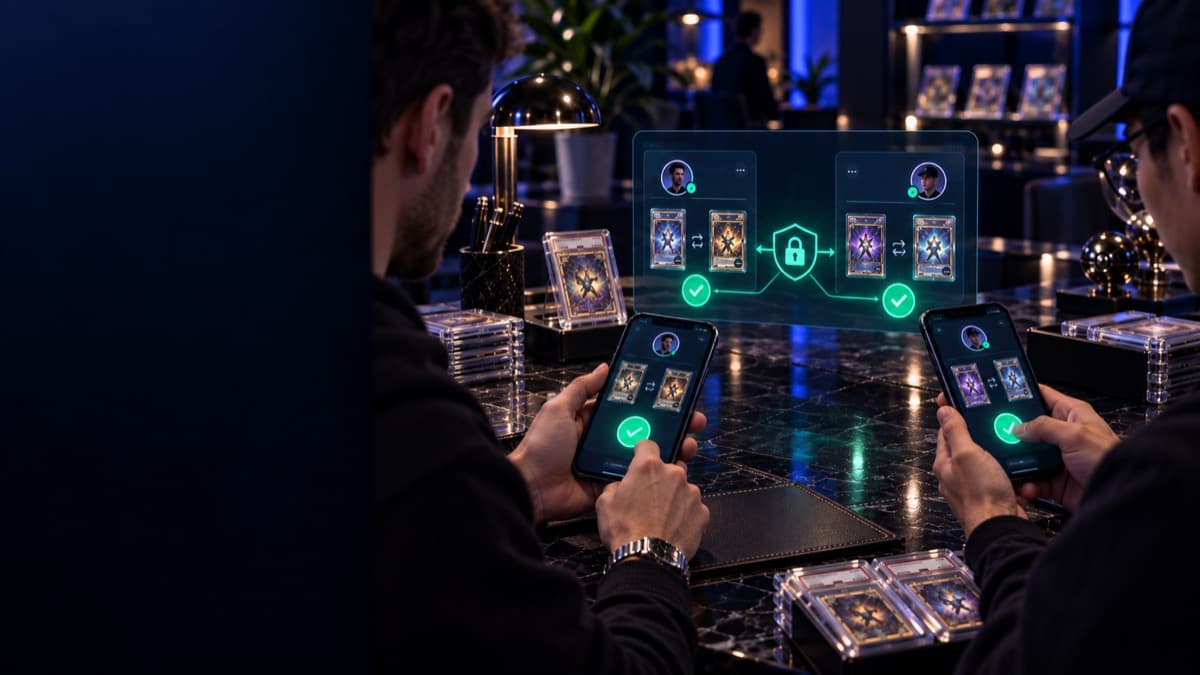 Two traders each confirming a trade on their phones with dual verification checkmarks